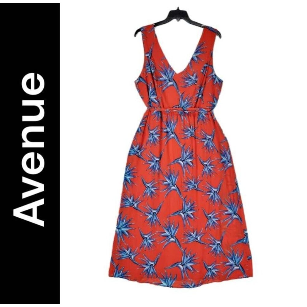 Avenue Dress Size 18 Women Red Sleeveless Elastic waist V neck Belt Flare